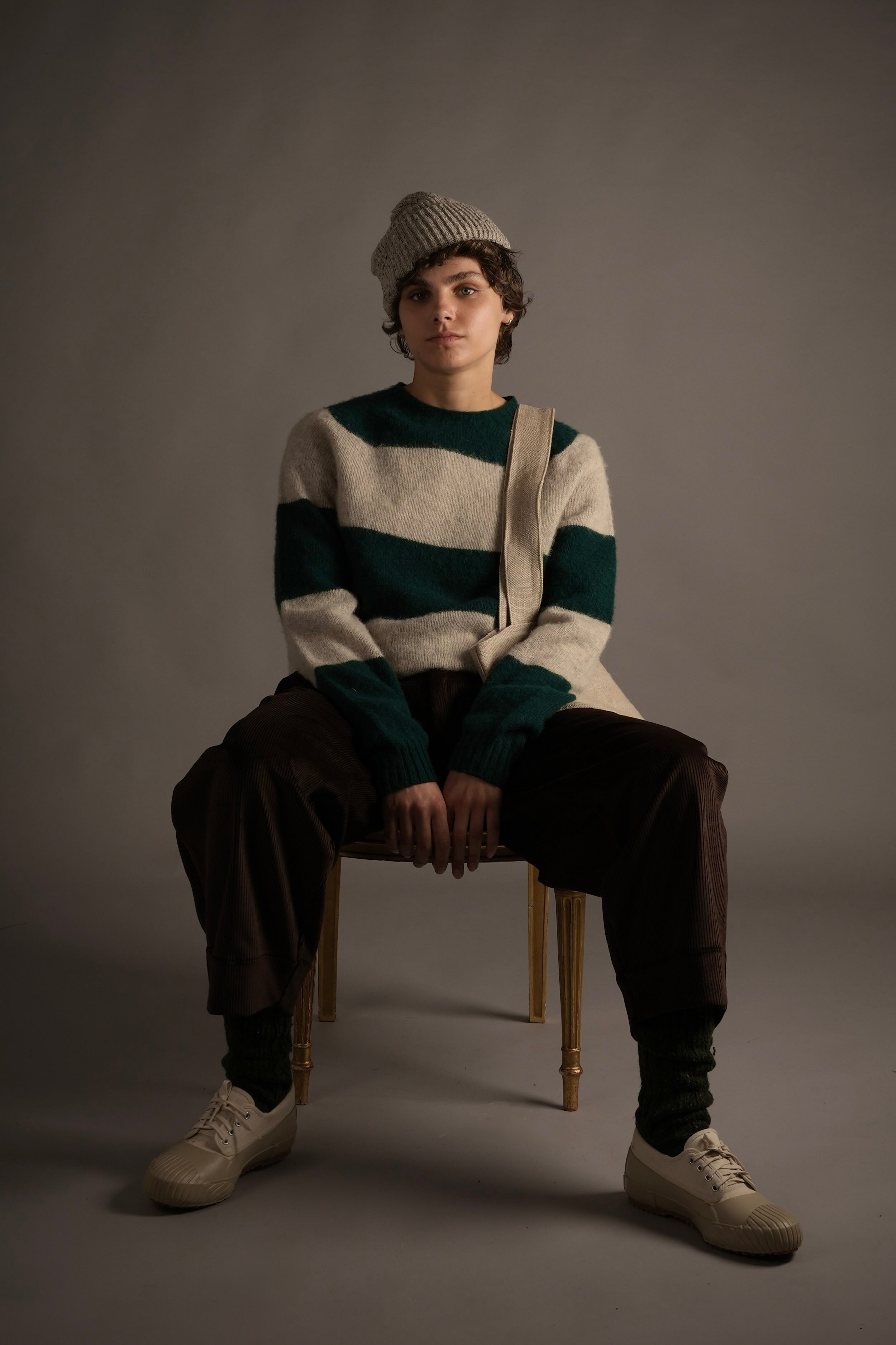 Els Wears Carrier Company Brushed Shetland Lambswool Jumper in Pine & Frost.
