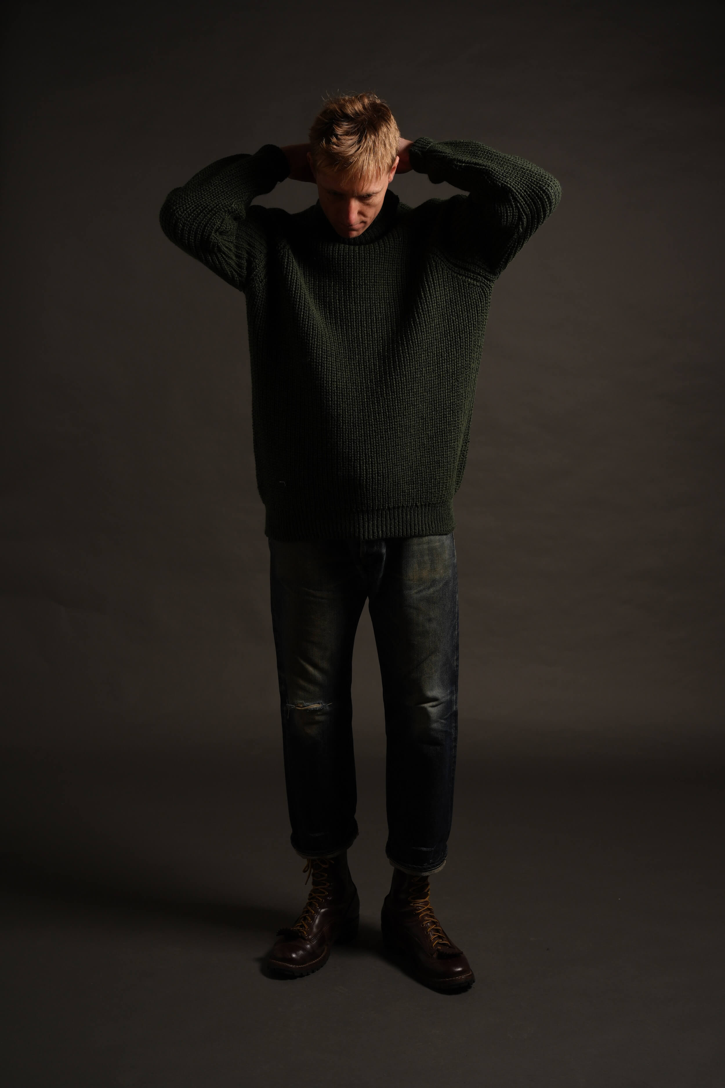 Tommy Wears Carrier Company Fisherman's Jumper In Kelp