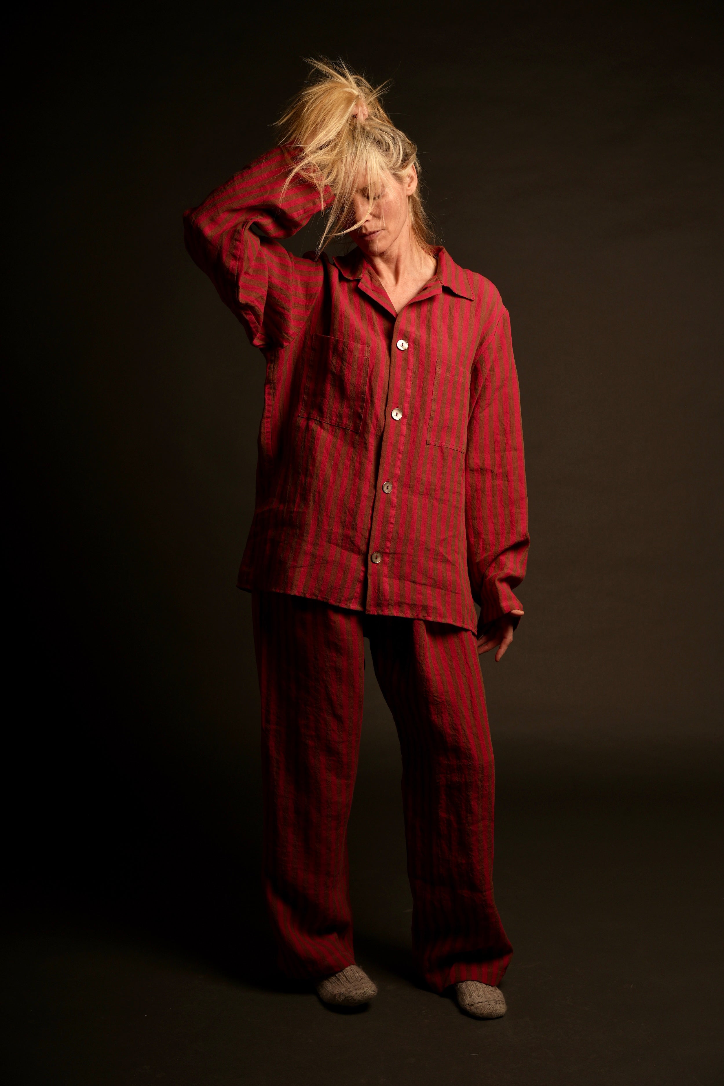 Sienna Wears Carrier Company  cherry and khaki striped linen pyjamas