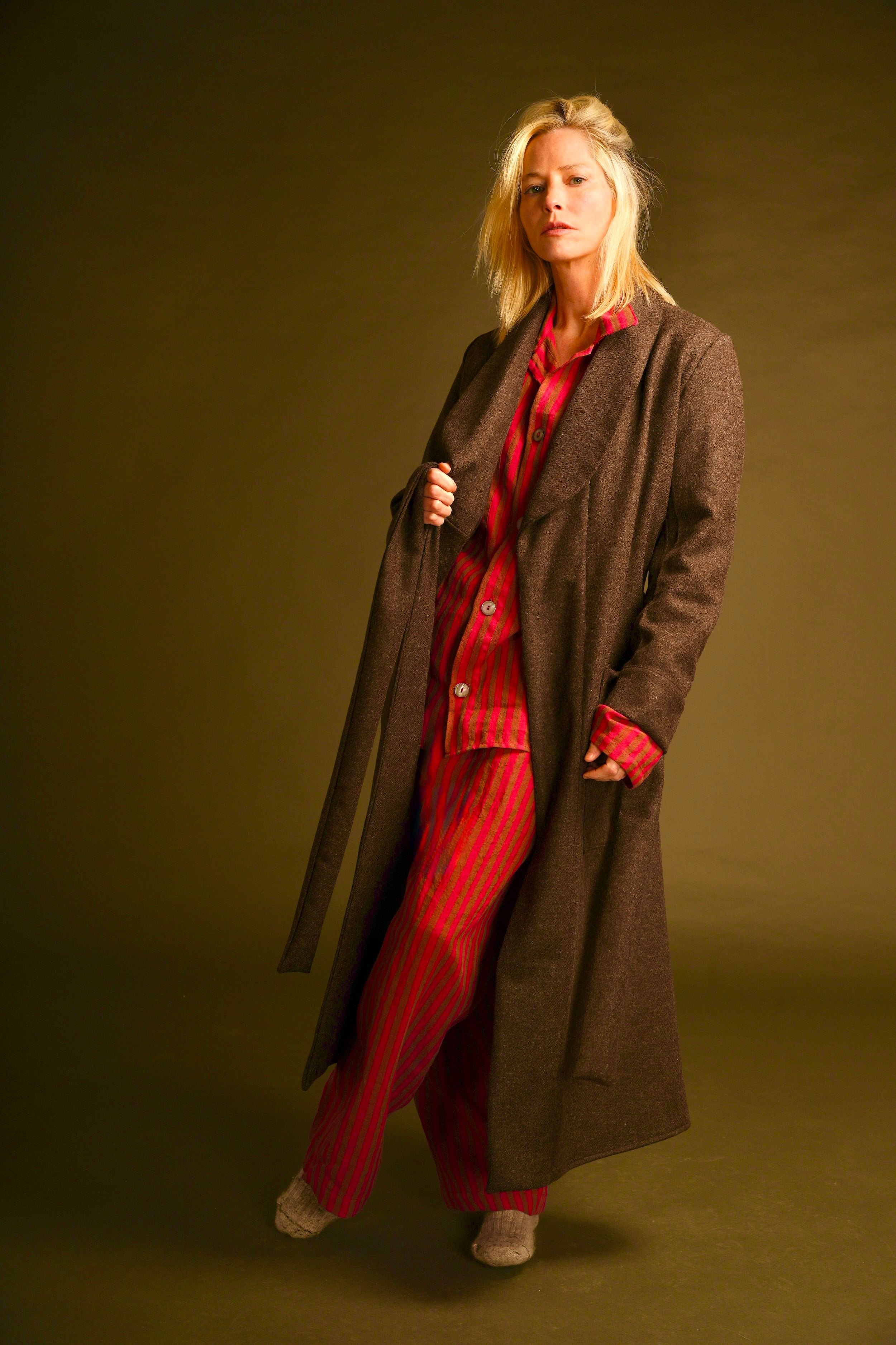 Sienna Wears Carrier Company  cherry and khaki striped linen pyjamas