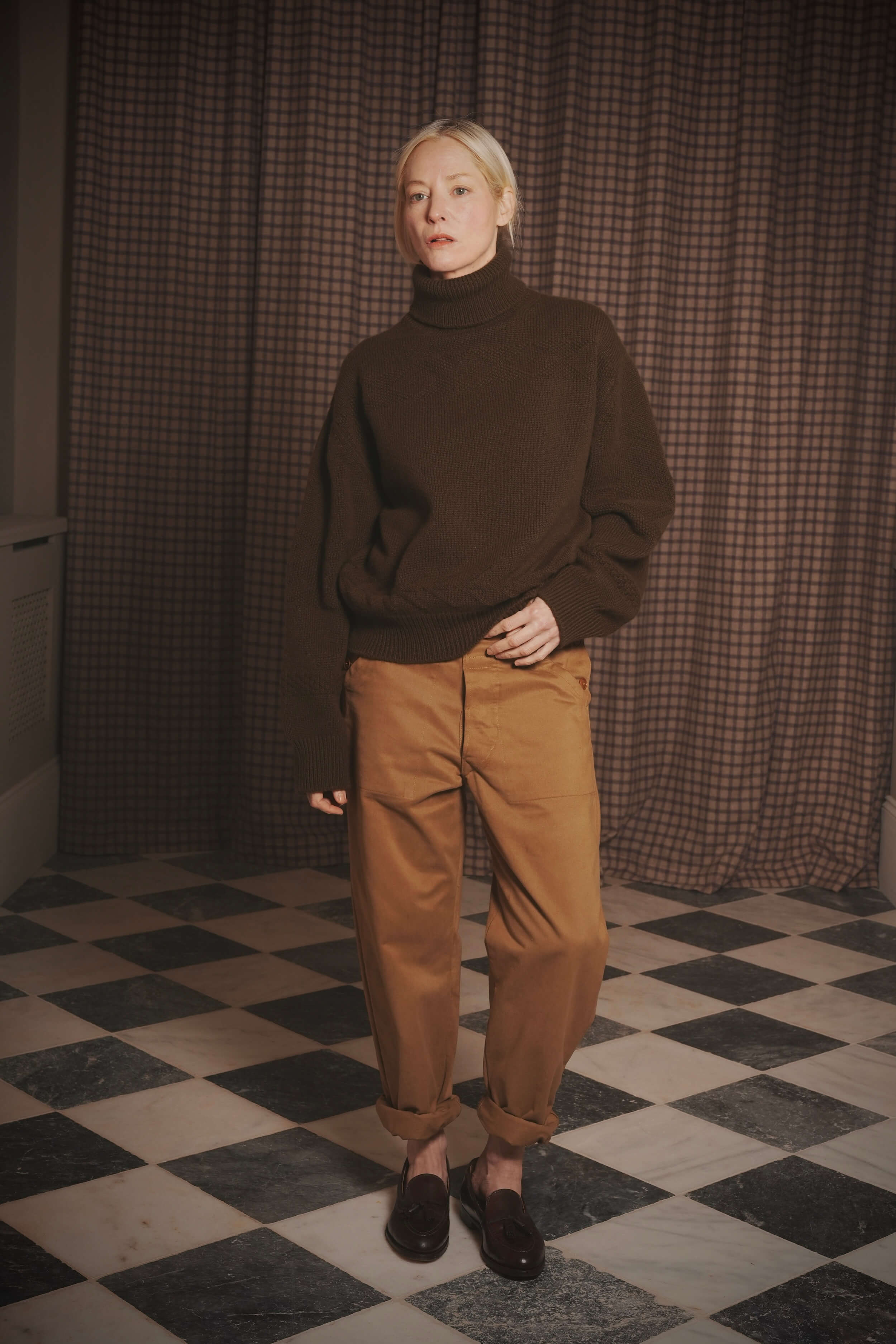 Sienna Wears Carrier Company Textured Polo Neck In Military