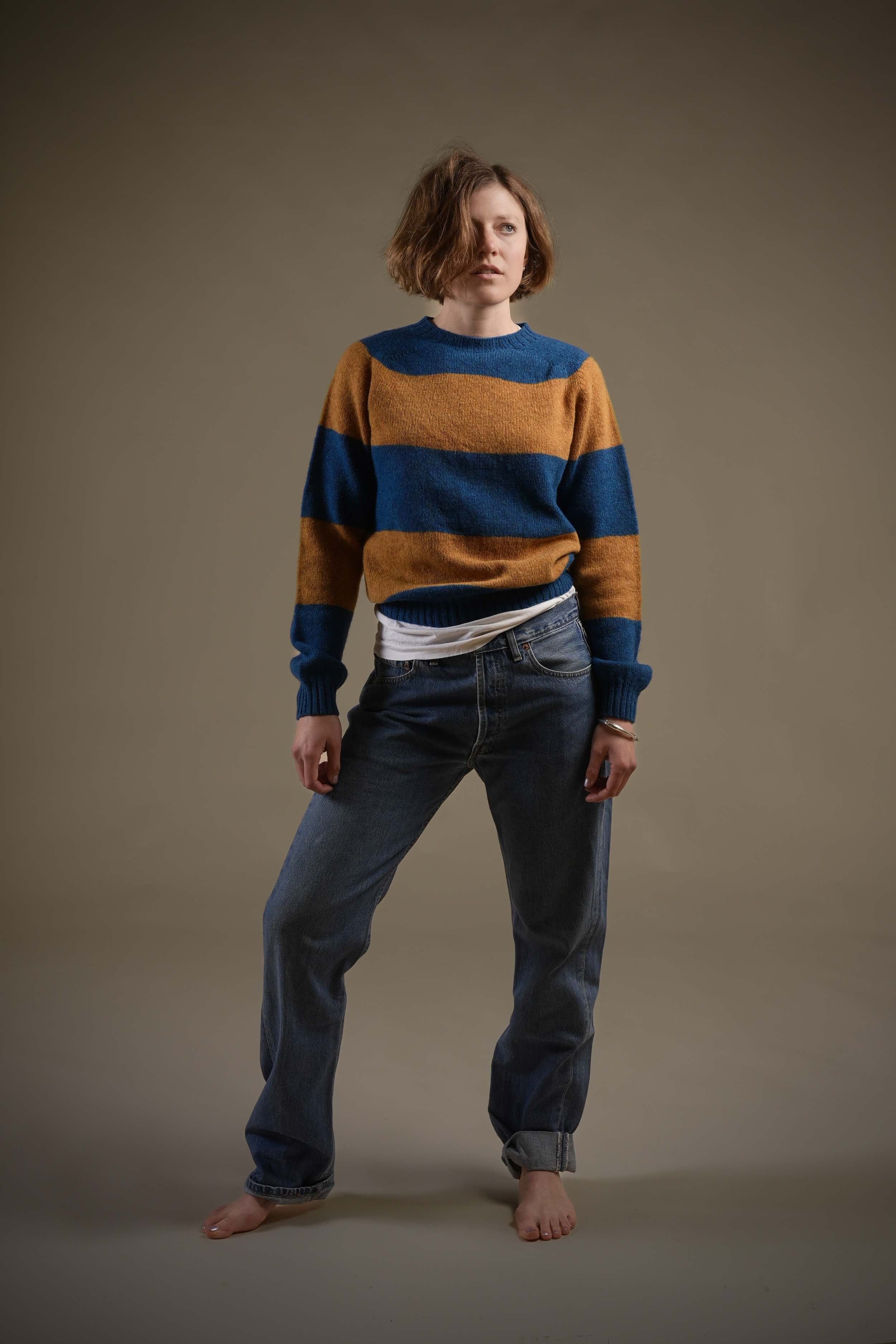 Carrier Company Banded Shetland Jumper In Blue & Gold Lambswool