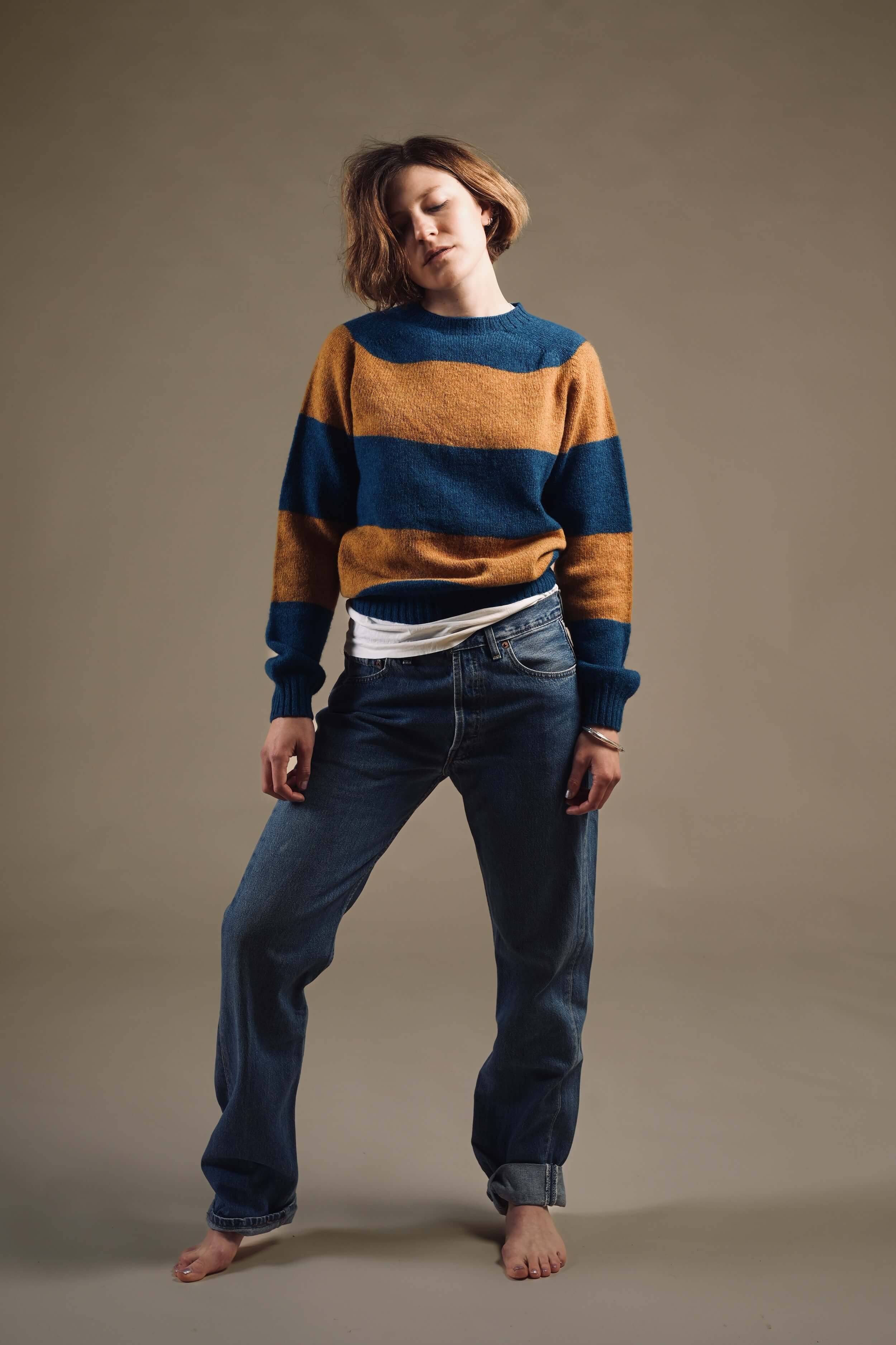Carrier Company Banded Shetland Jumper In Blue & Gold Lambswool