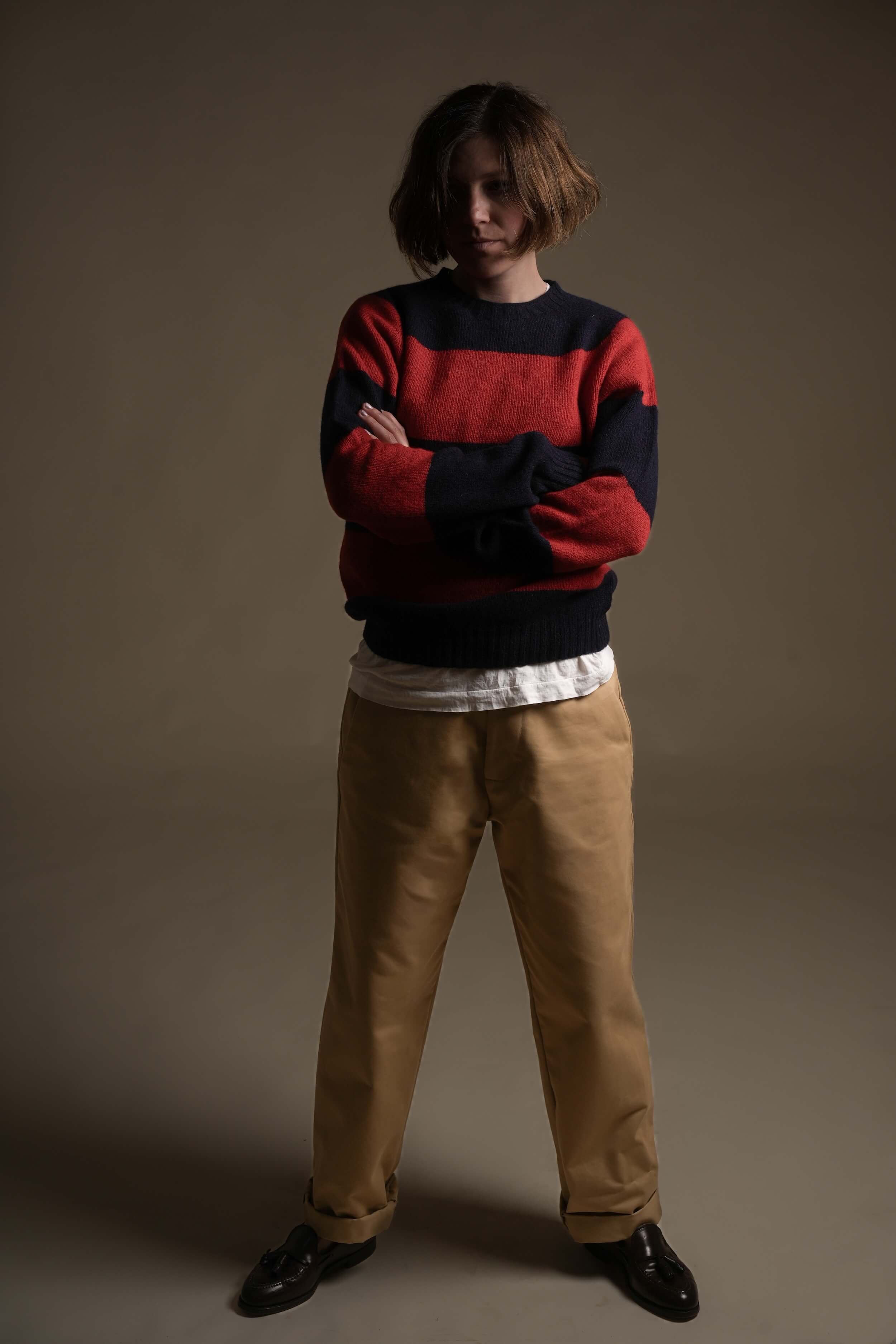 Carrier Company Banded Lambswool Jumper In Navy & Red Lambswool
