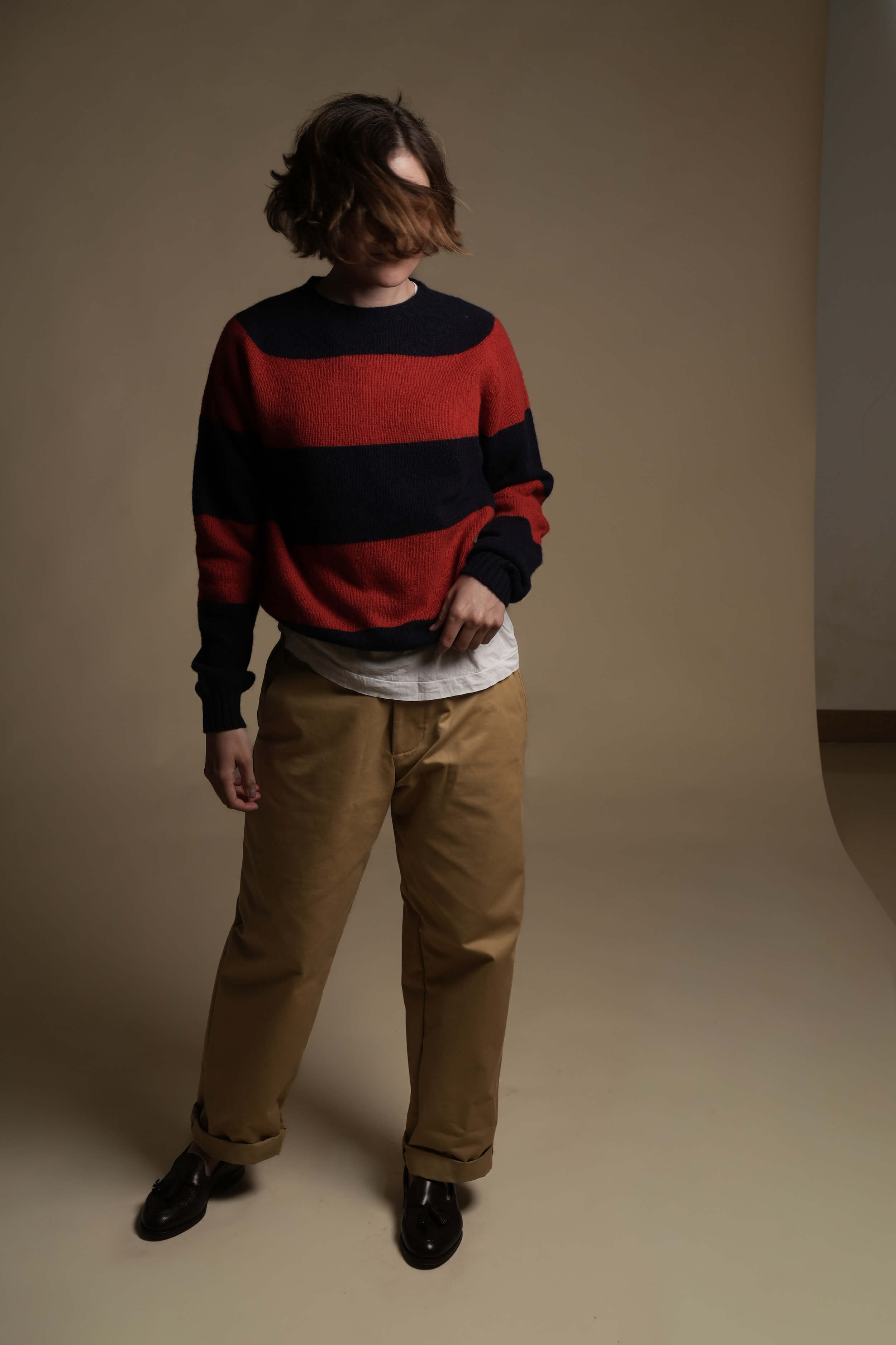 Carrier Company Banded Lambswool Jumper In Navy & Red Lambswool