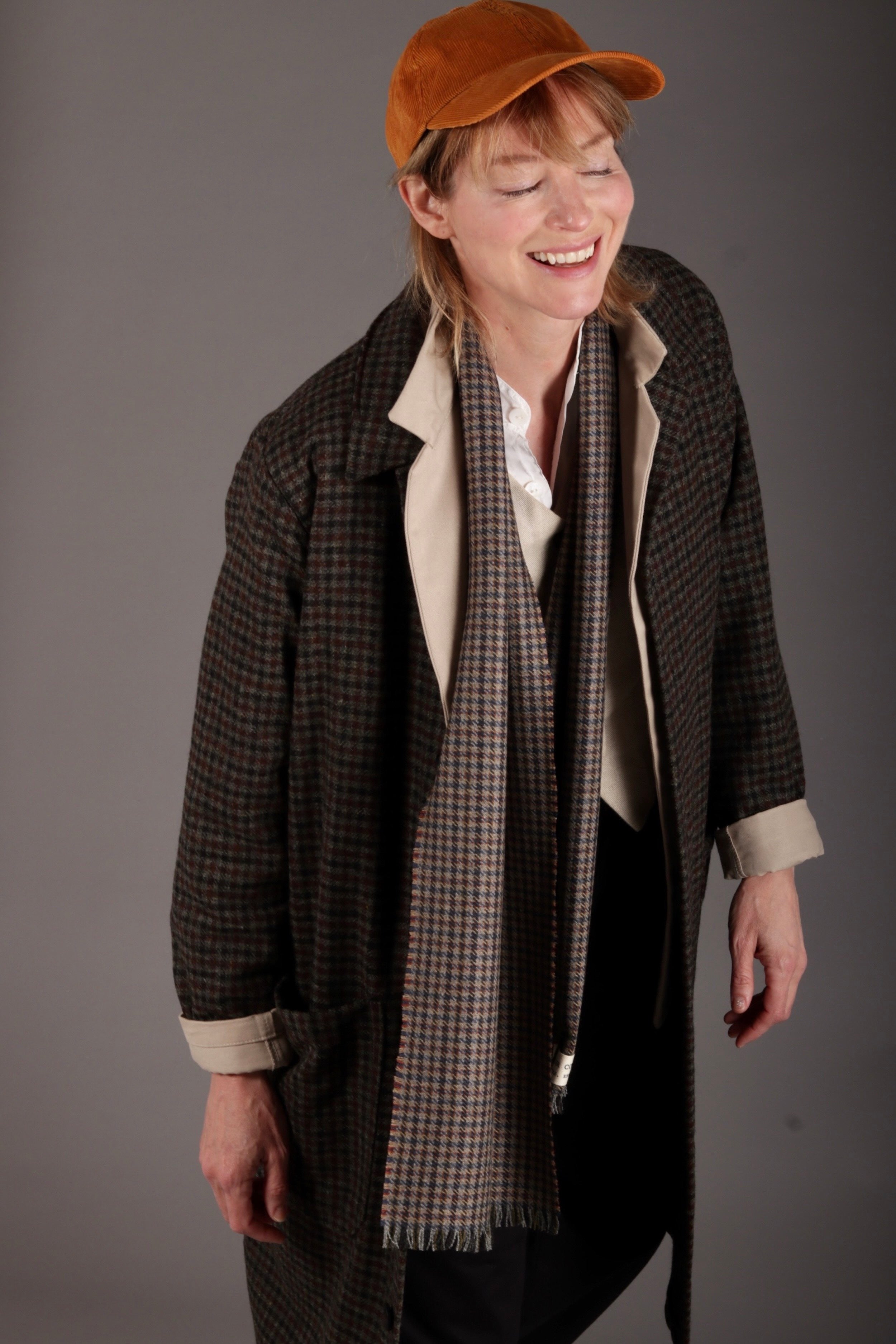 Sienna wears Carrier Company Wool Coat with Corduroy Cap, Scarf, Three Button Jacket and Dutch Trousers