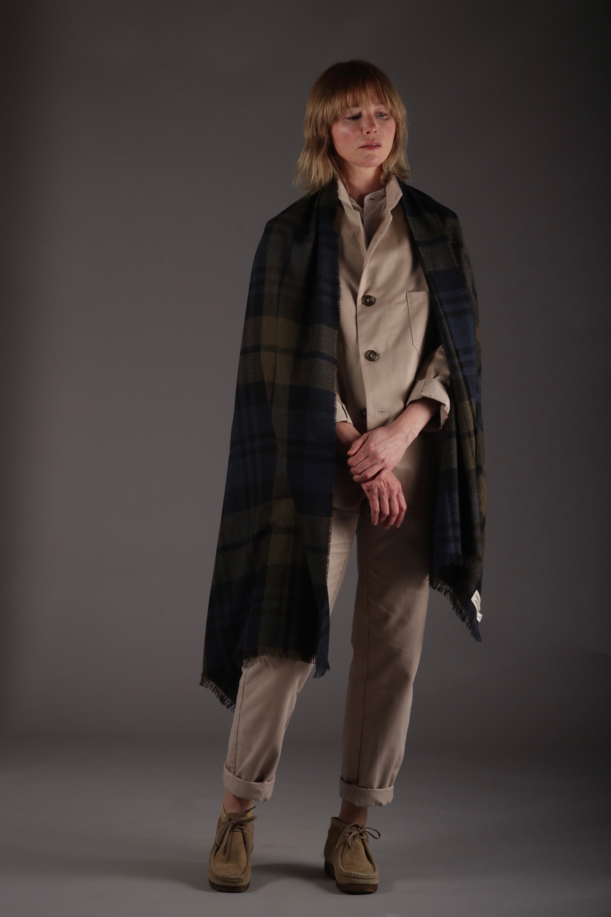 Sienna wears Carrier Company Luxury Cashmere and Lambswool Scarf with Three Button jacket and High Waist Trousers