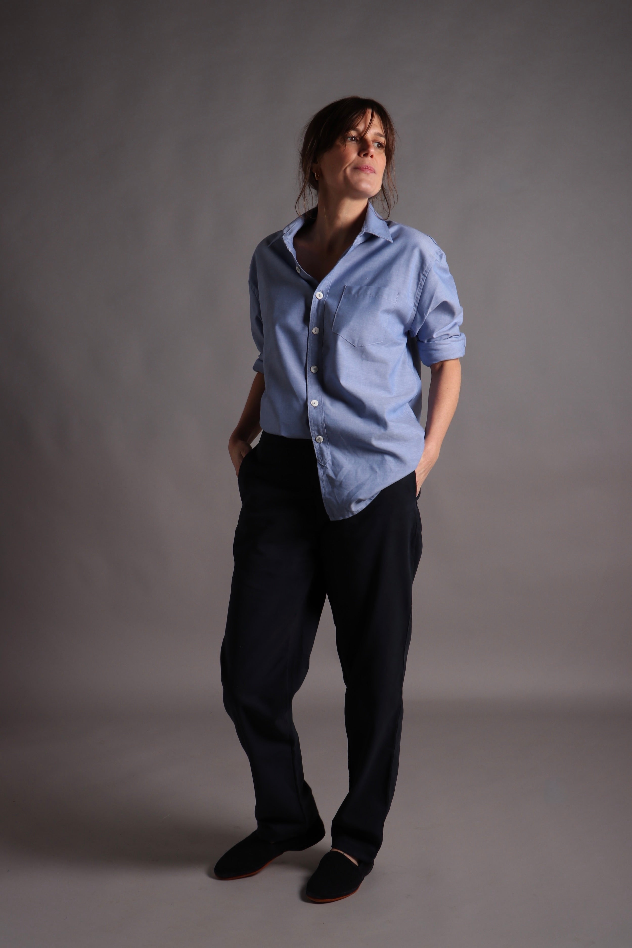 Kate wears Carrier Company Colonial Trouser in Navy Cotton Drill with Chambray Shirt