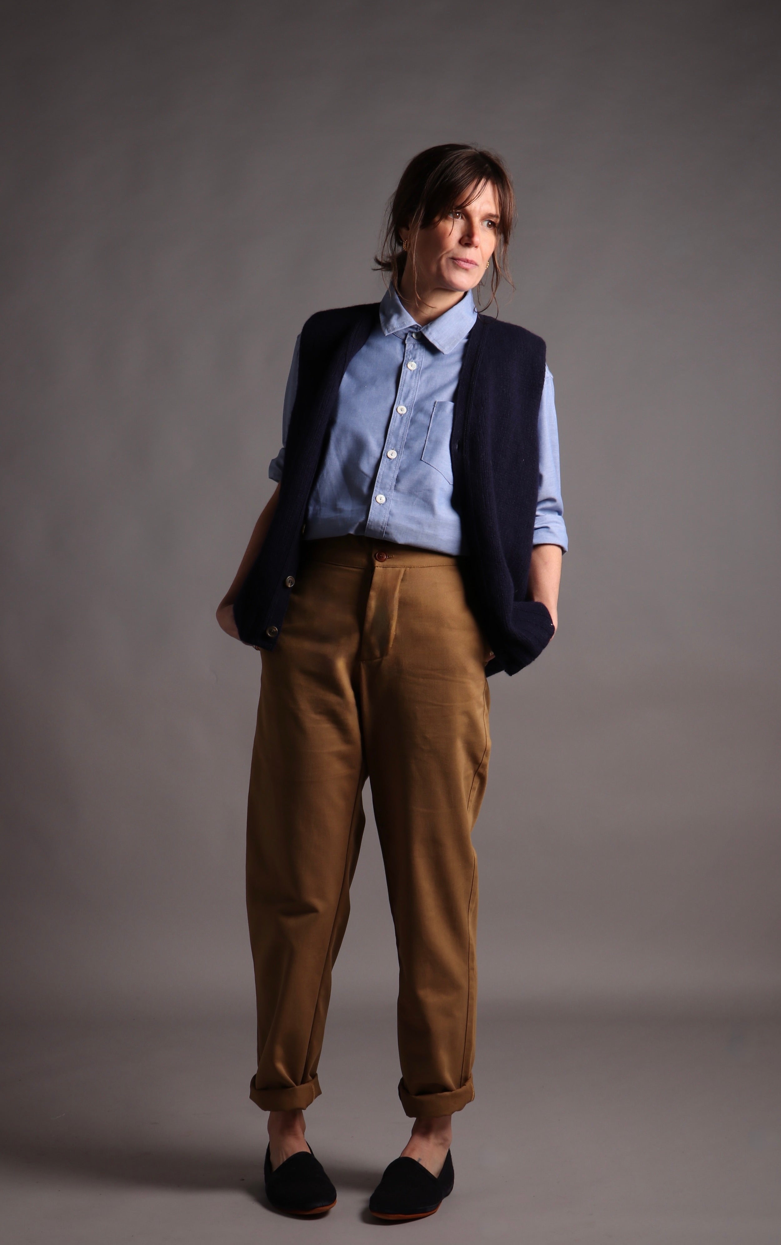 Kate wears Carrier Company Colonial Trouser in Navy Cotton Drill with Chambray Shirt