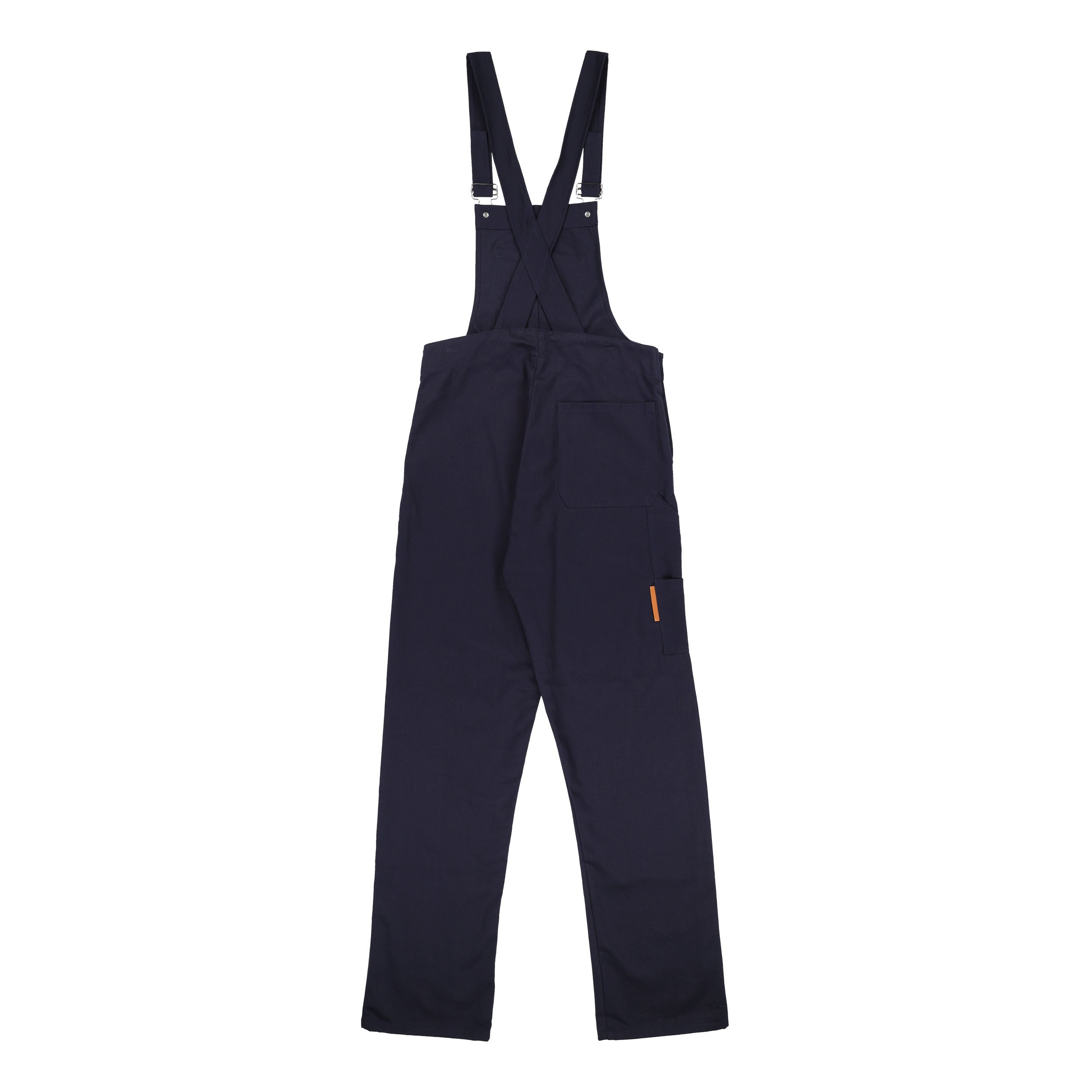 The back of the navy Carrier Company full length Men's Dungarees