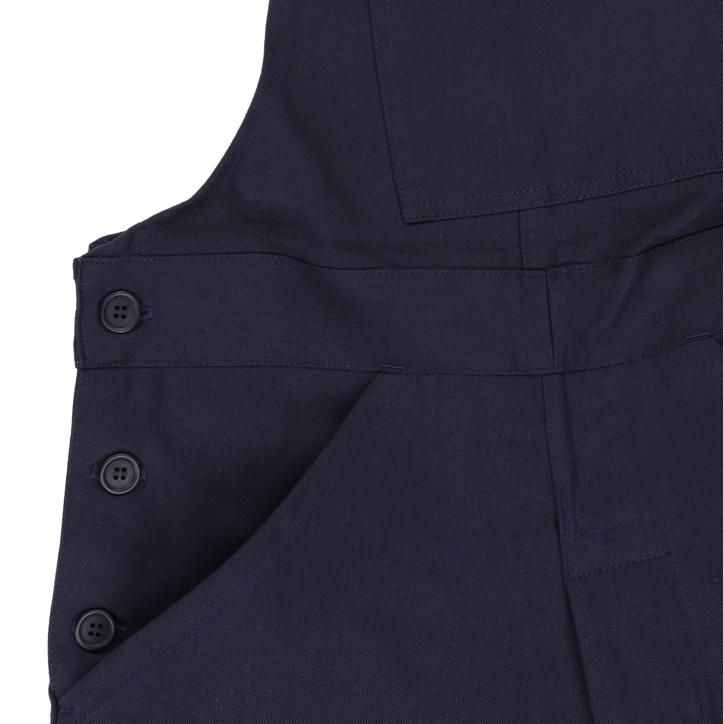 Close up of the button detail and pockets of the navy Carrier Company Men's Dungarees