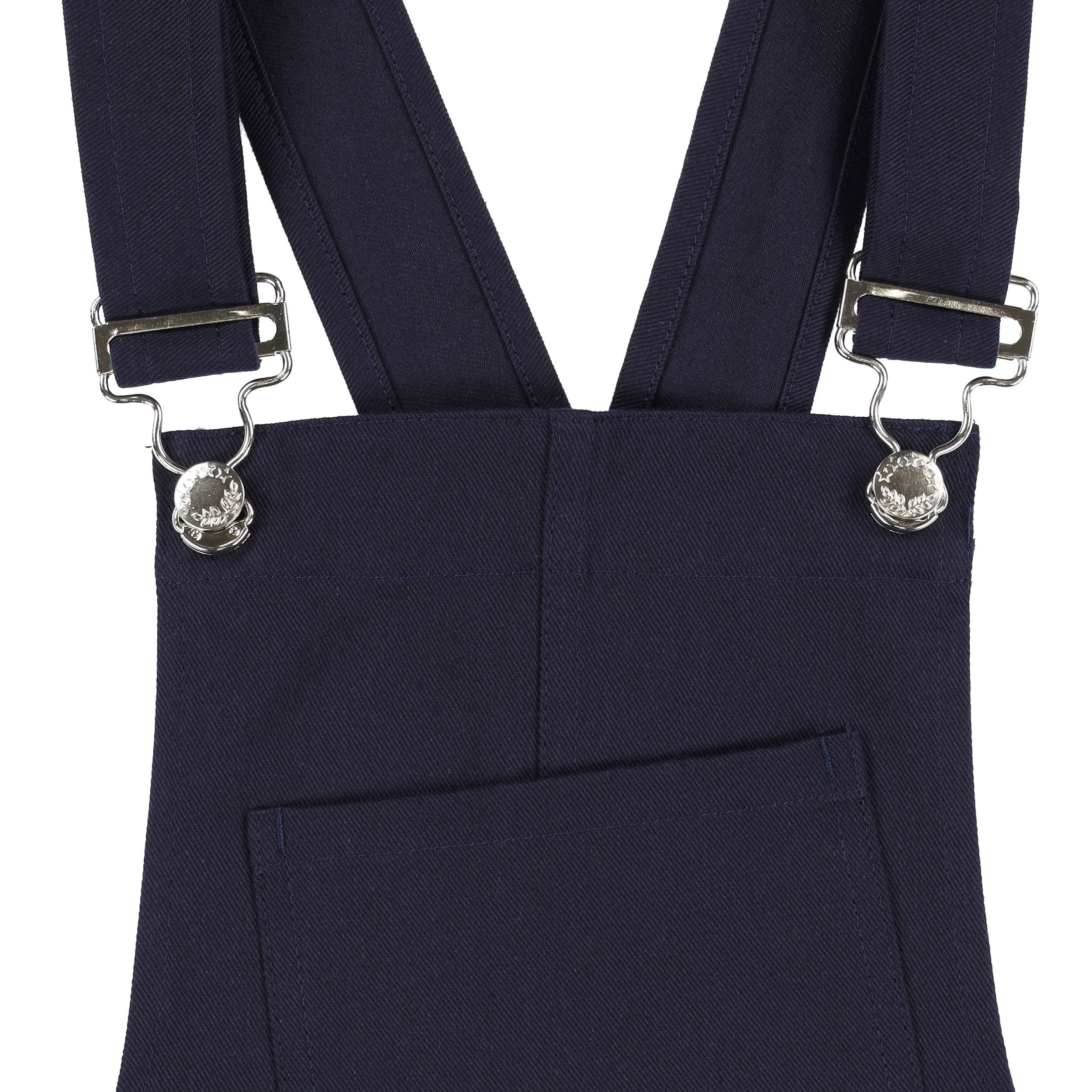 Close up of the shoulder straps and front pocket of the navy Carrier Company Men's Dungarees