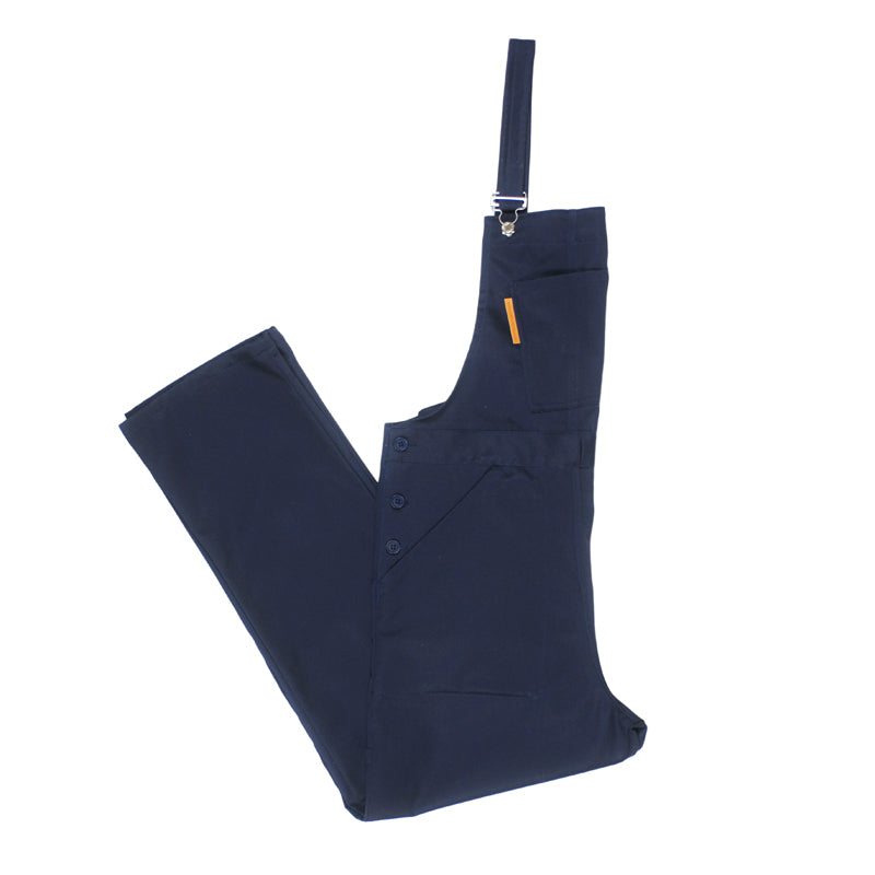 Side view of the navy Carrier Company full length Men's Dungarees