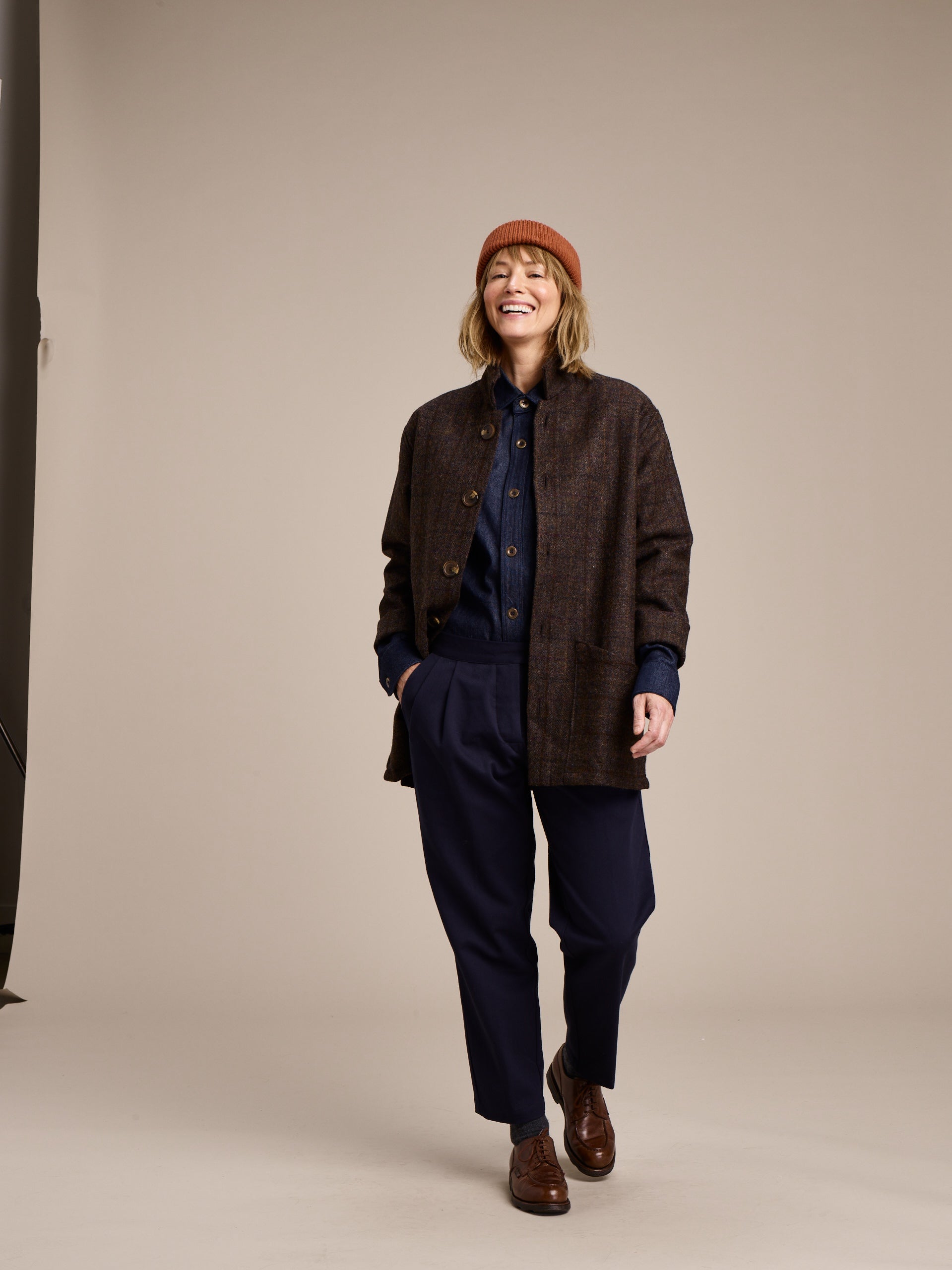 Woman in Carrier Company Denim Collar Shirt with Wool Hat Irish Wool Jacket and Cropped Trouser