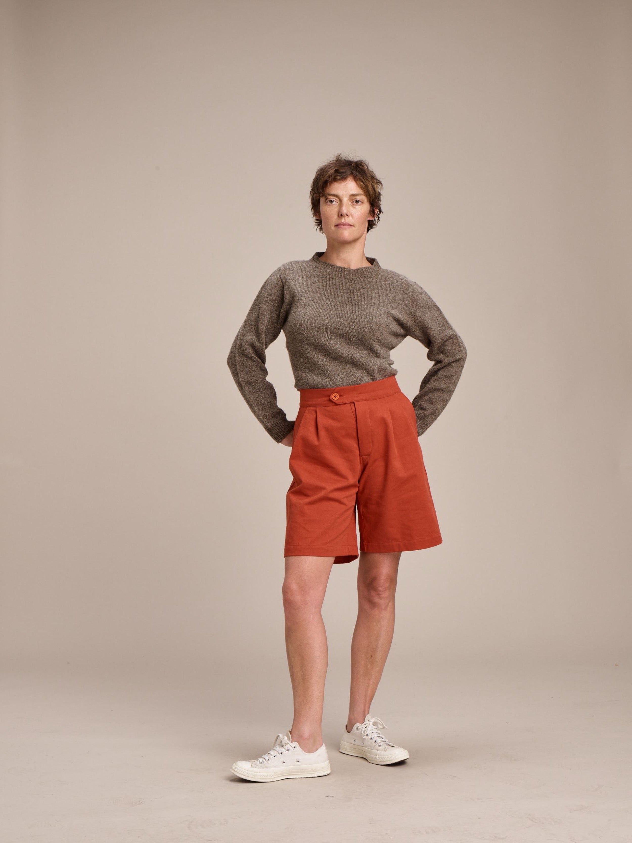 Woman wearing Carrier Company grandpa Short in Orange Drill and Shetland Wool Jumper
