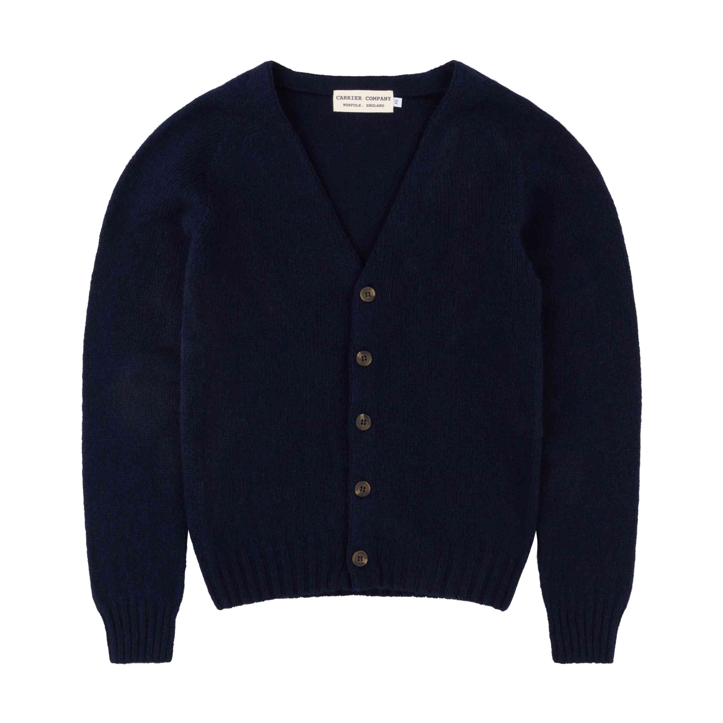 Carrier Company Shetland Lambswool Button Down V Neck Cardigan in Navy