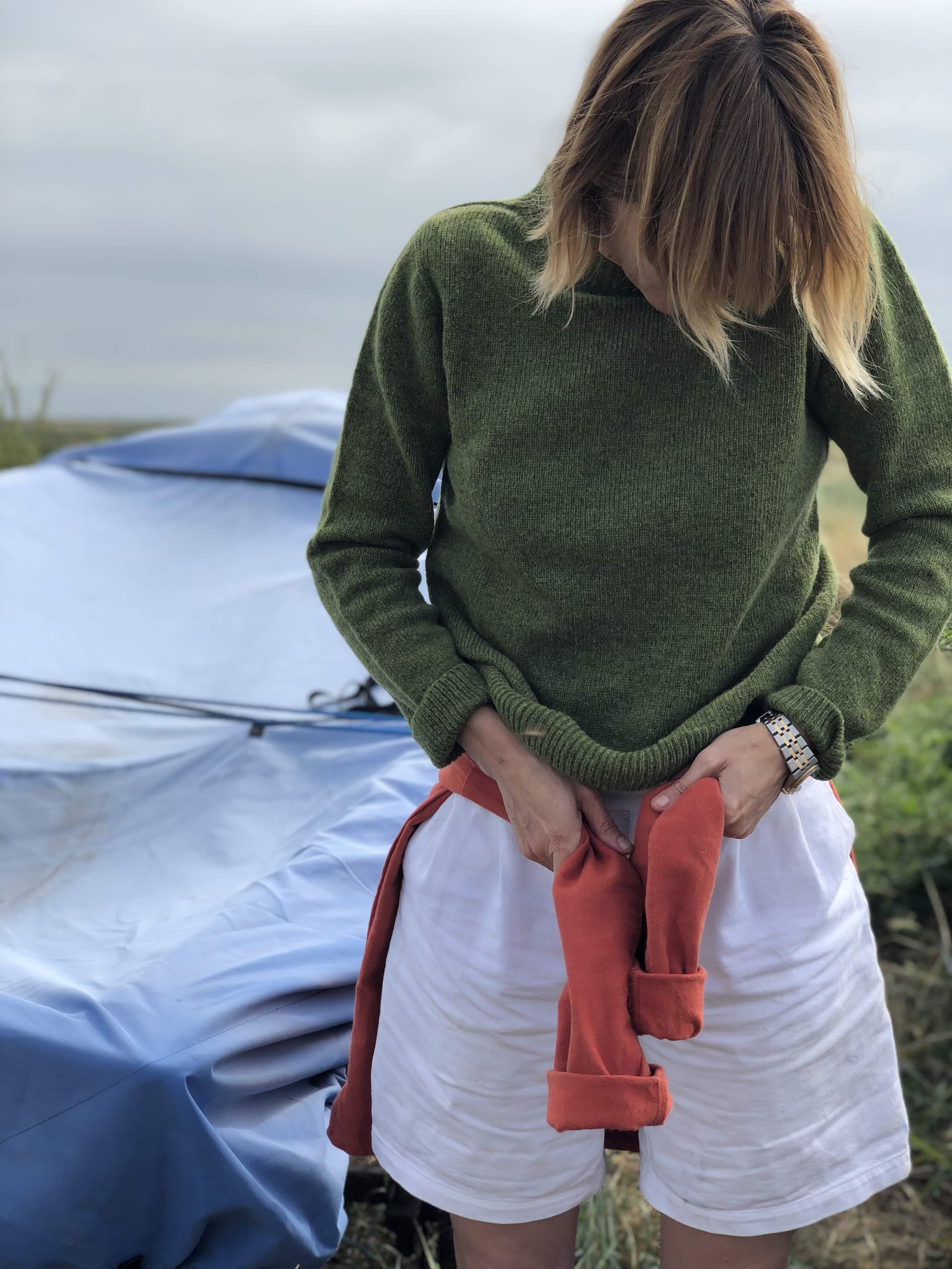 Woman wears Carrier Company Ladies Shorts in White and Shetland Lambswool Jumper