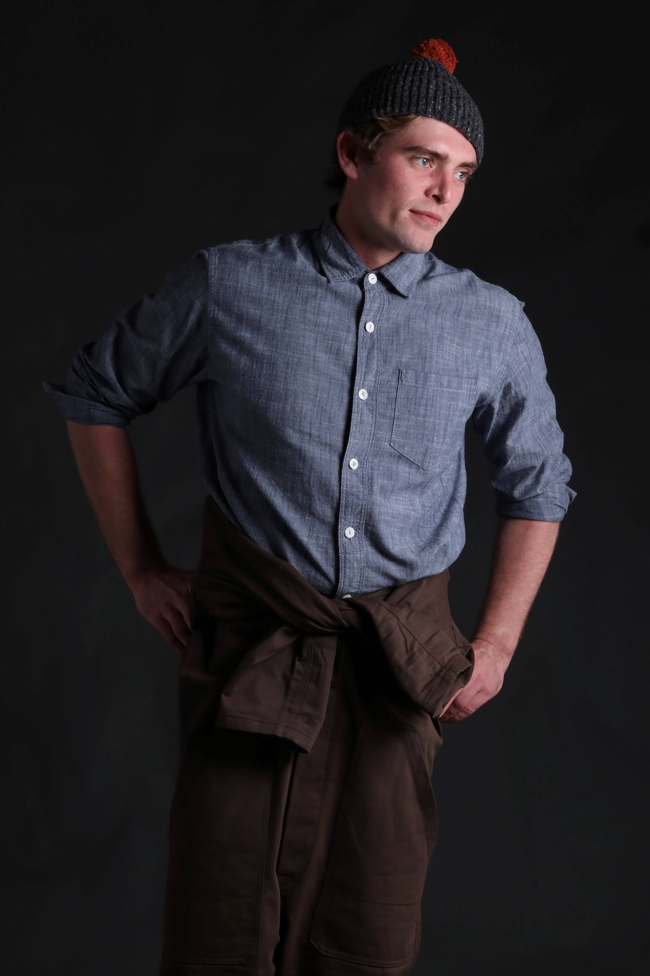 Man wearing Carrier Company Boiler Suit with Chambray Shirt and Pompom Donegal Hat