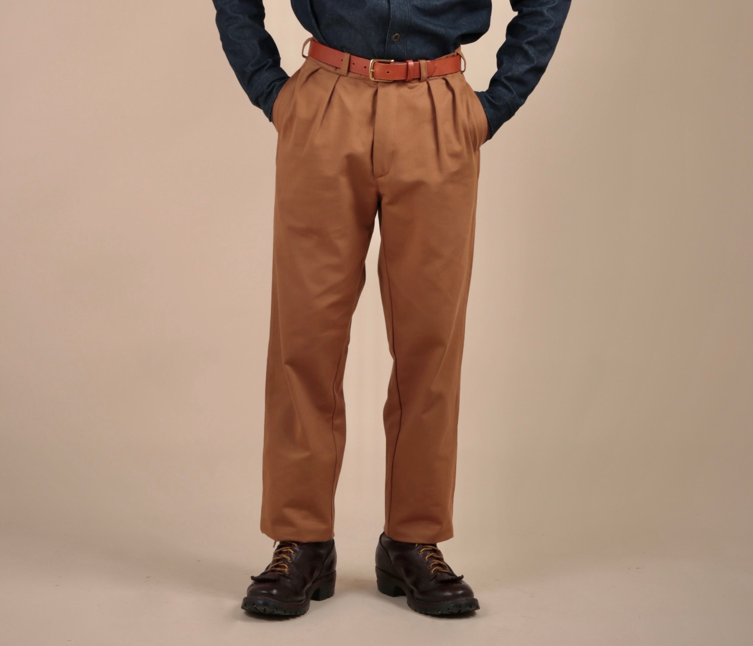 Man wears Carrier Company Chestnut leather Belt with Classic Trouser and Denim Collar Shirt