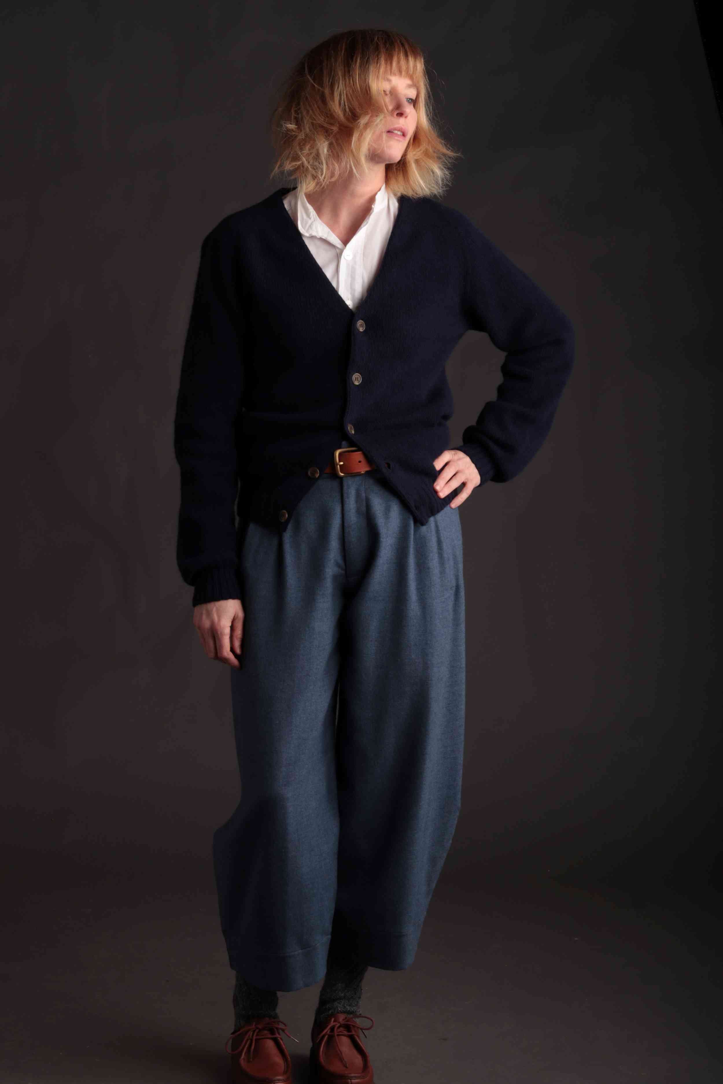 Woman wearing Carrier Company Cardigan in Navy with Dutch Trousers in Wool