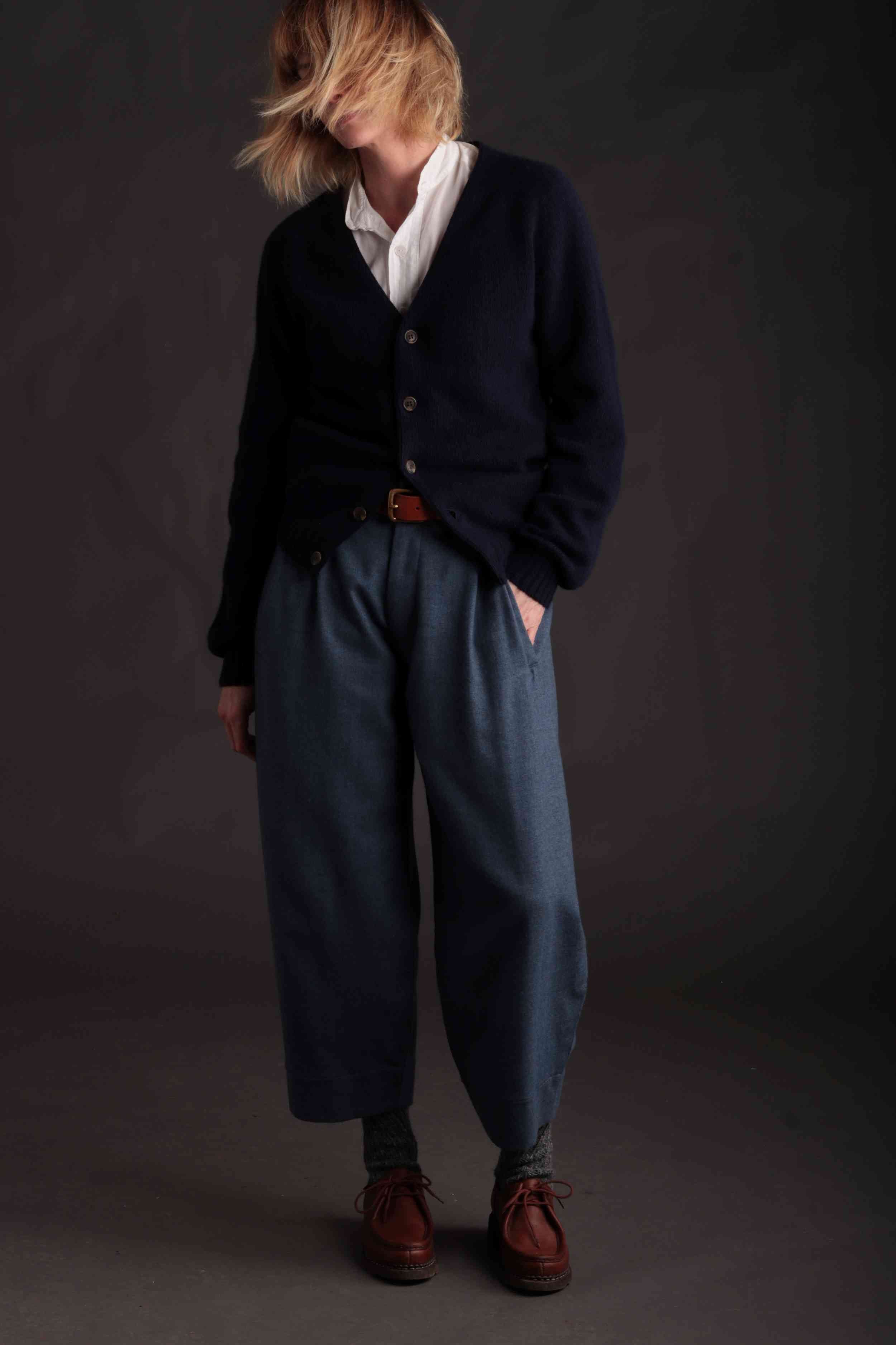 Woman wearing Carrier Company Cardigan in Navy with Dutch Trousers in Wool