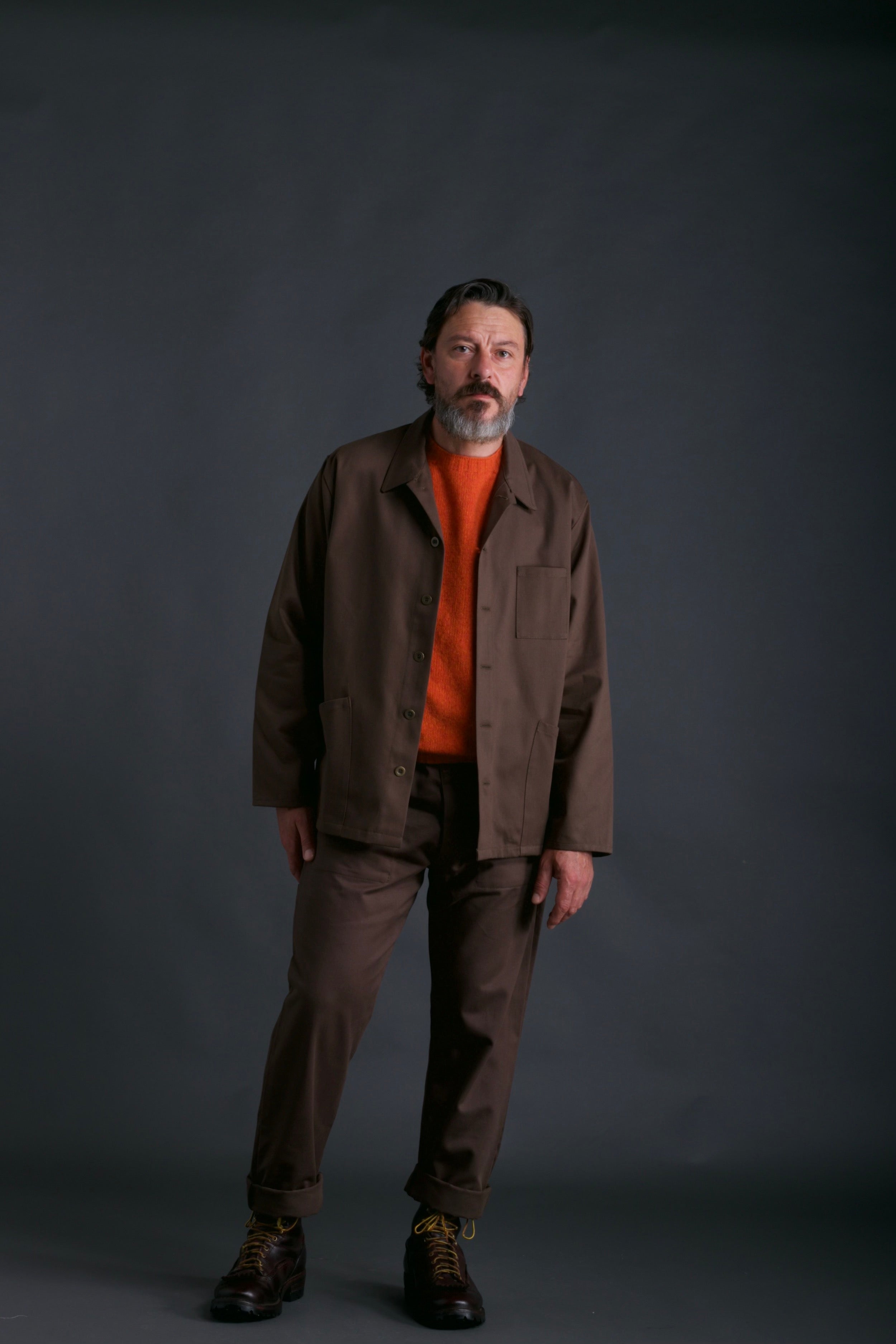 Carrier Company Men's Work Trouser in Olive with Norfolk Work Jacket and Tangerine Shetland Lambswool Jumper