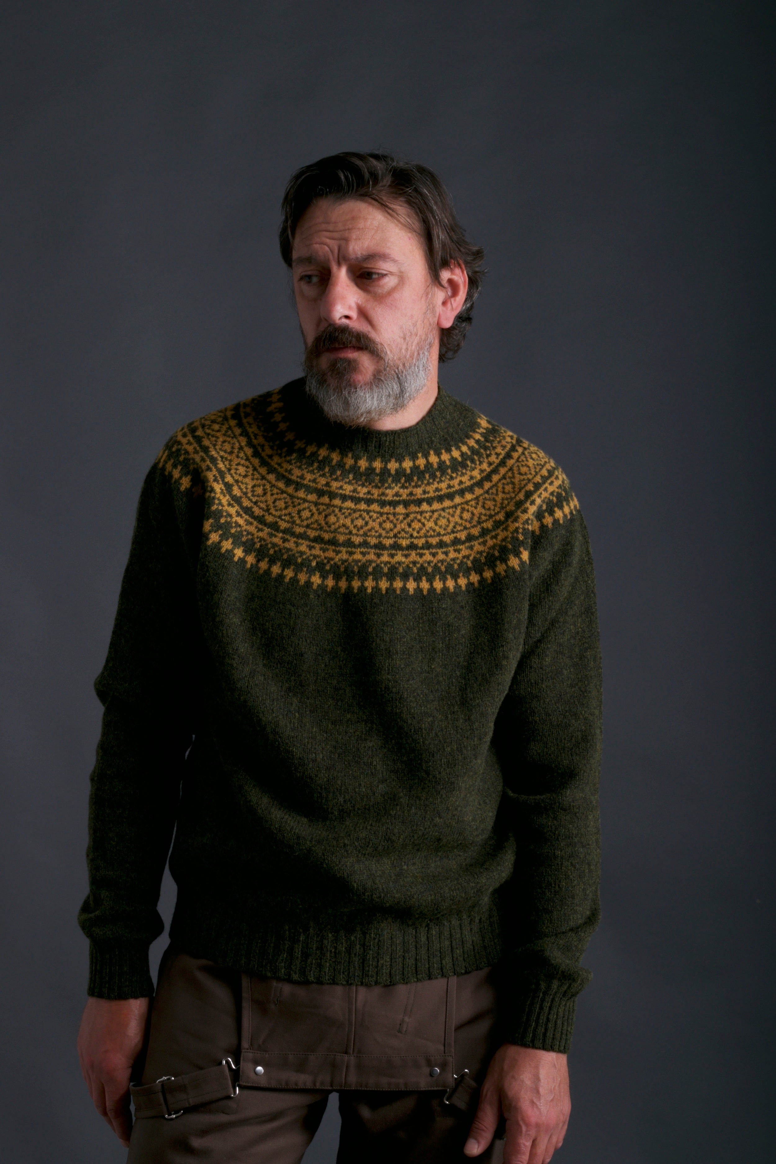 Man wears Carrier Company Shetland Yoke Jumper in Kale & Mustard