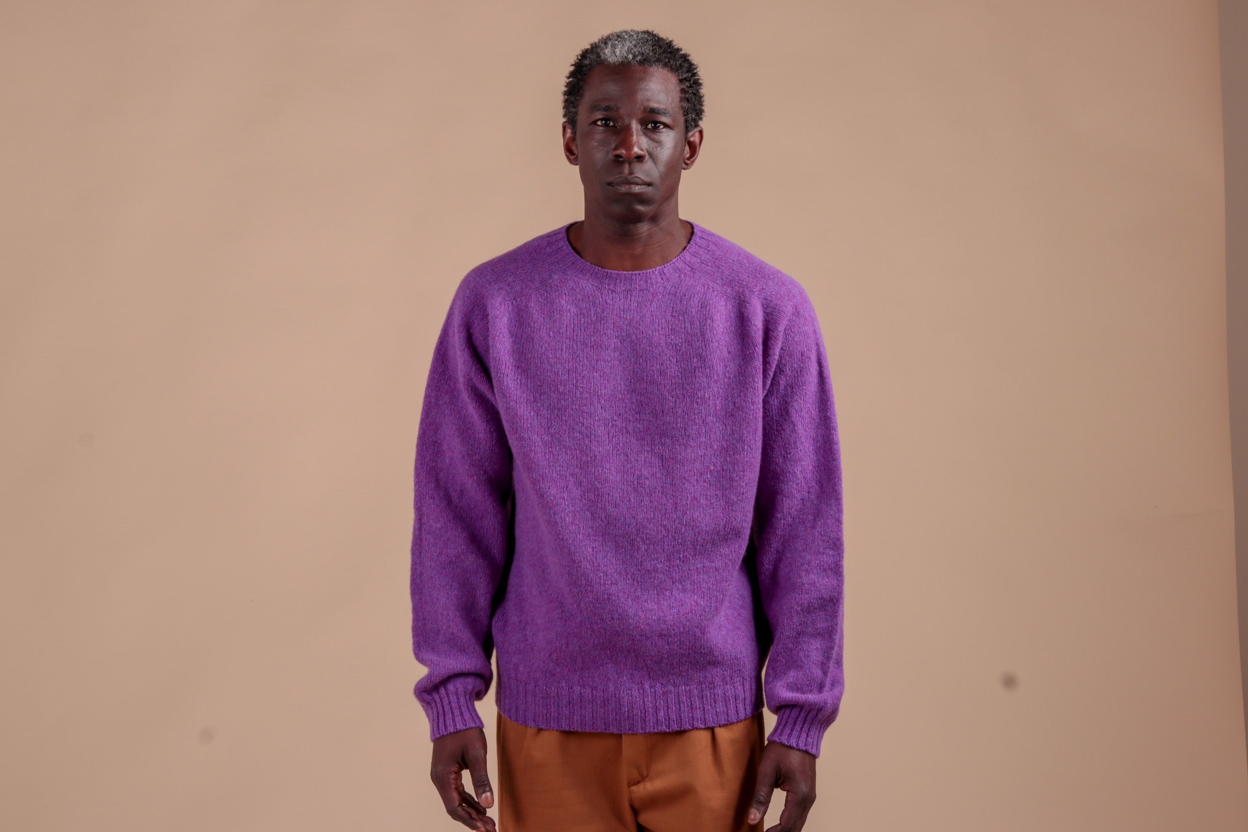 Man wears Carrier Company Shetland Lambswool Jumper in Allium with Classic Trouser in Tan