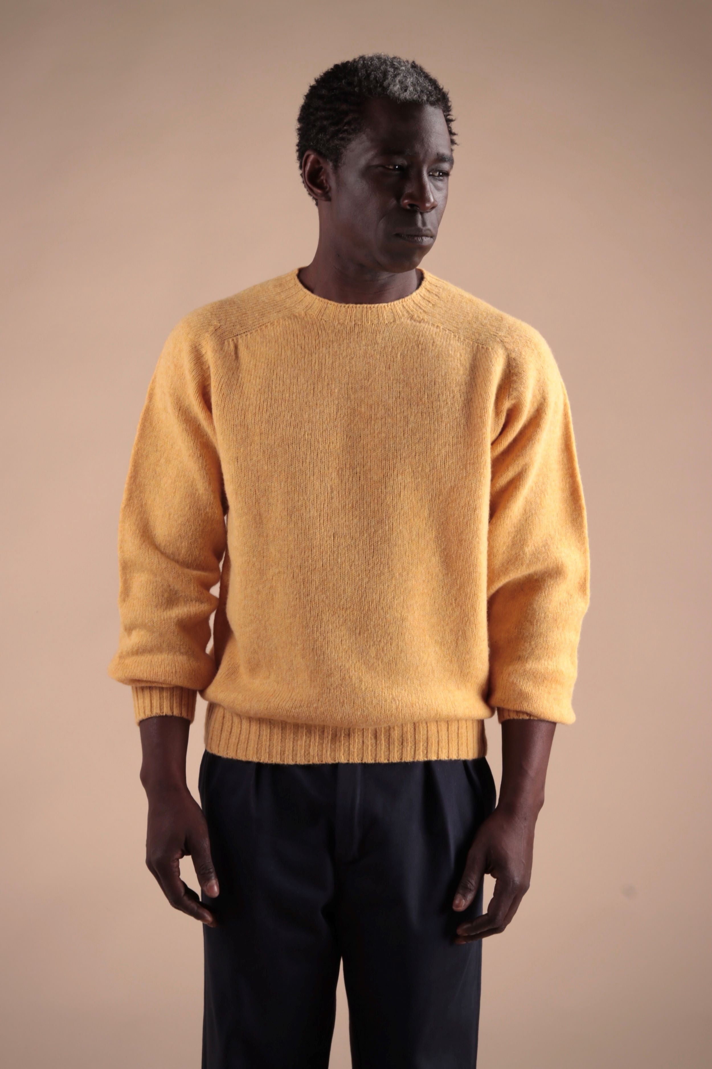 Man wearing Carrier Company Shetland Lambswool Jumper in Chamomile with Navy Classic Trousers