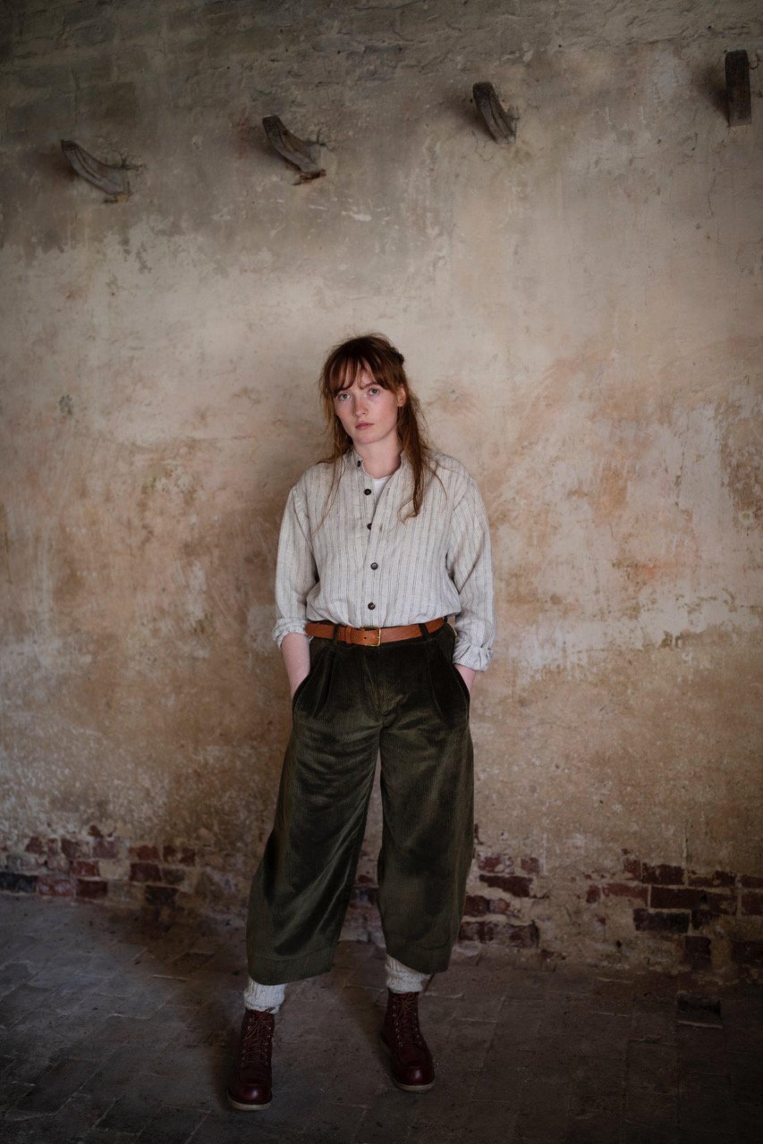 Woman wearing Carrier company Dutch Trouser in Corduroy with Collarless Work Shirt