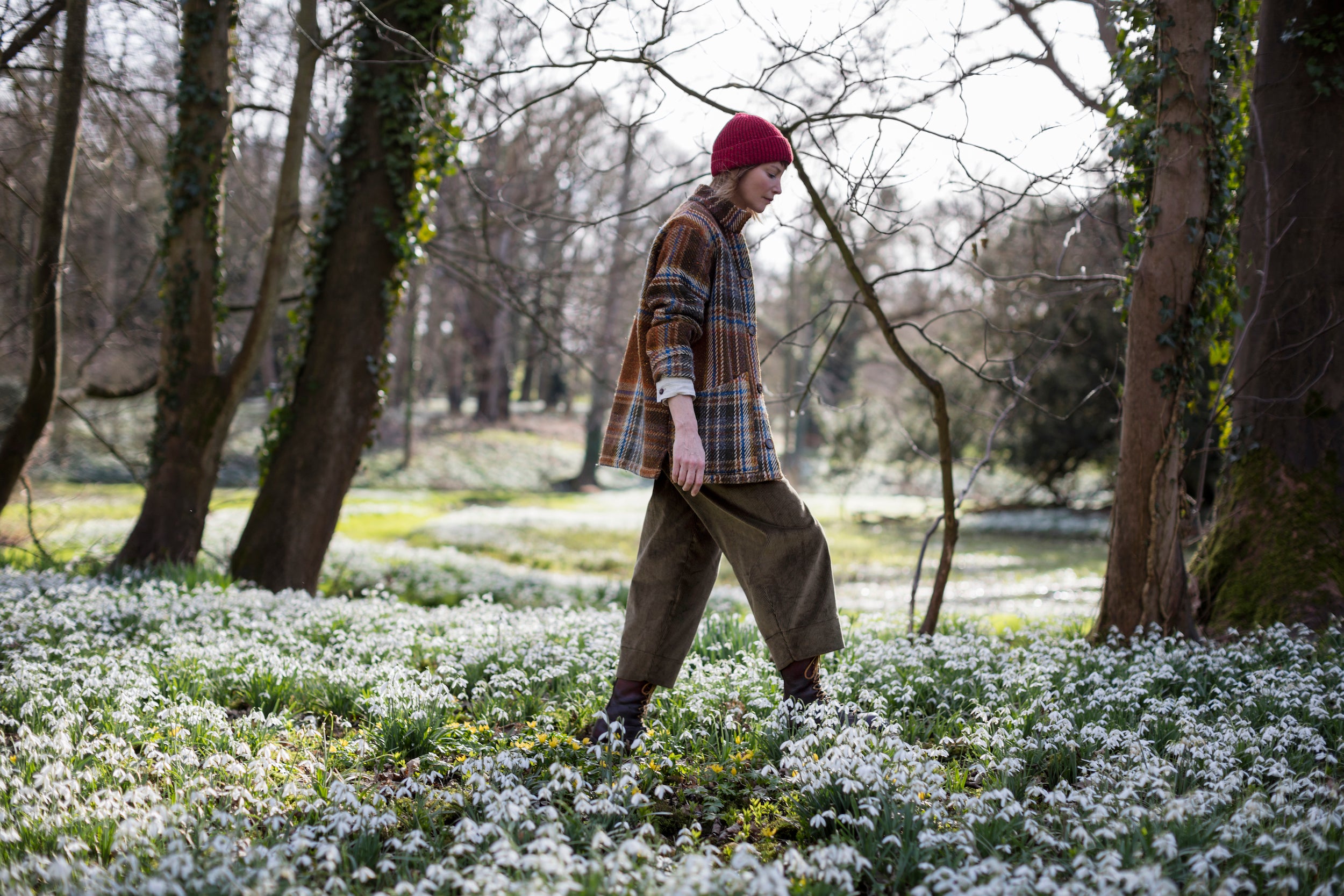 Woman wearing Carrier company Dutch Trouser in Corduroy with Donegal Wool Hat and Celtic Wool Jacket