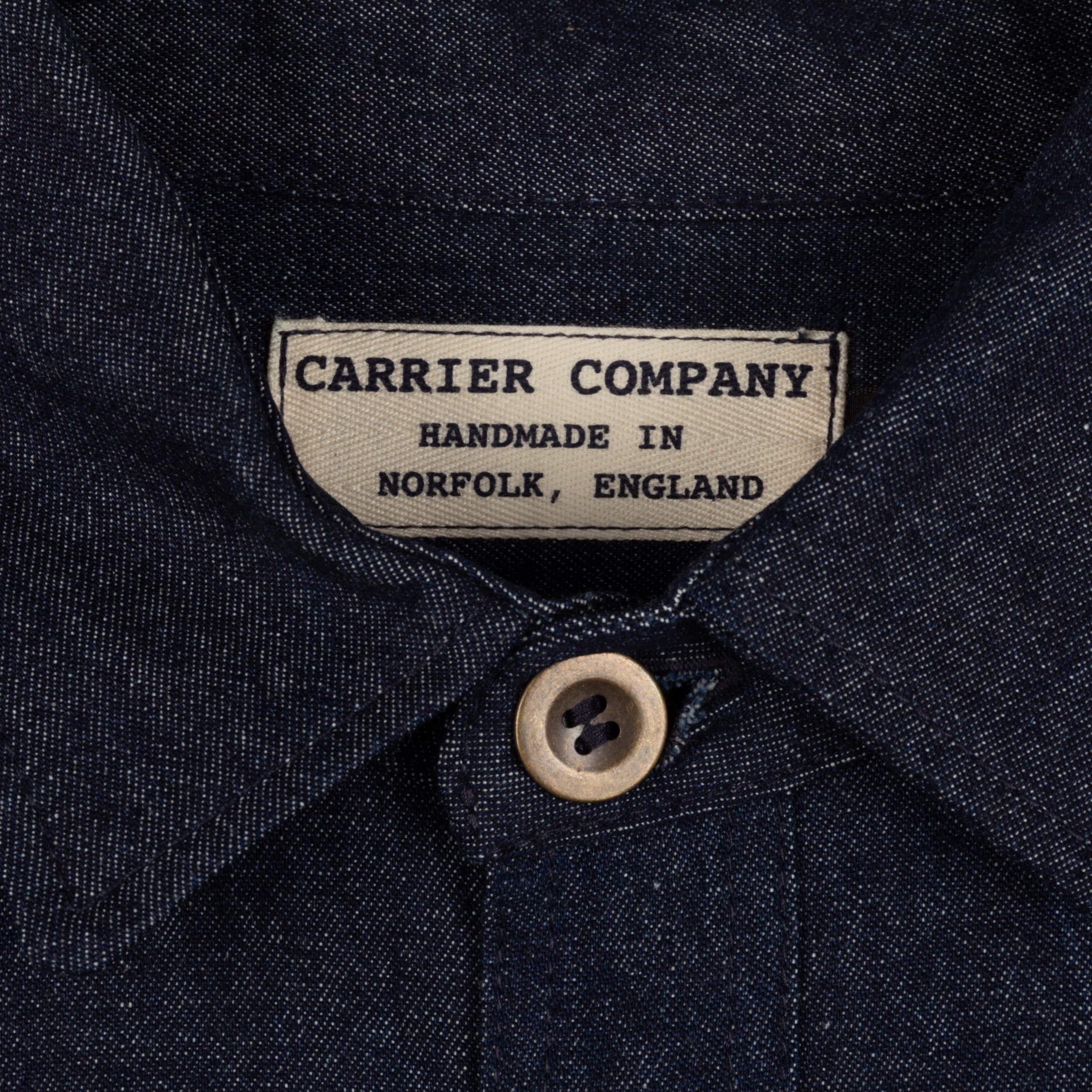 Close up of the Carrier Company Denim Collar Shirt label handmade in Norfolk, England