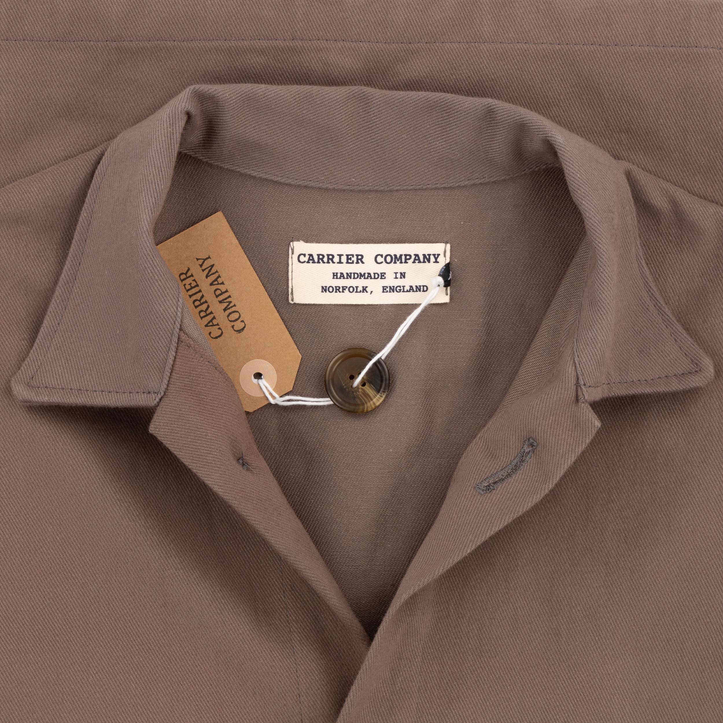 Close up of the Carrier Company Draught Jacket collar and label. Handmade in Norfolk, England.