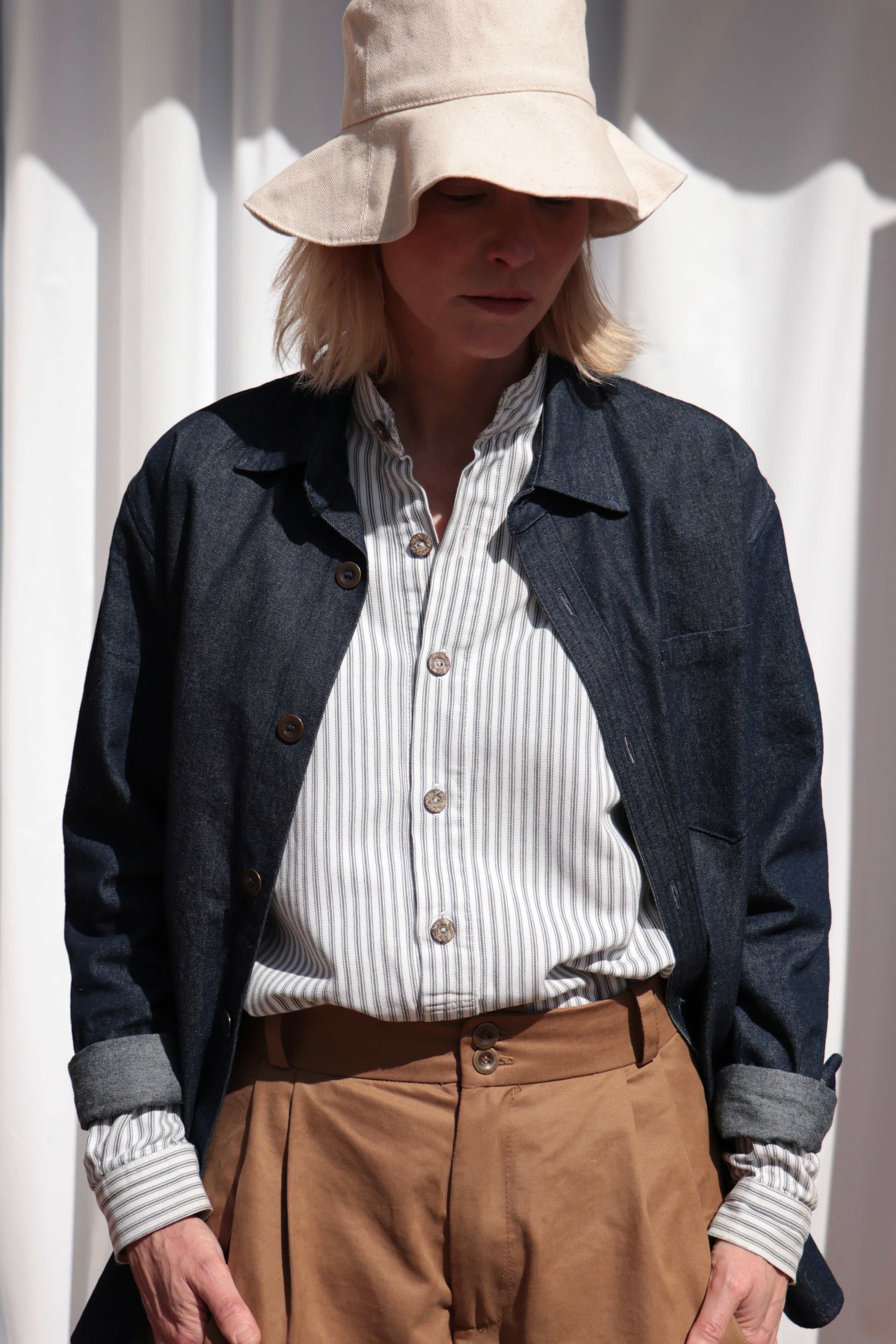Sienna weras Carrier Company Collarless Workshirt in Indigo Ticking with denim Collar Shirt, Dutch Trouser and Cotton Sun Hat