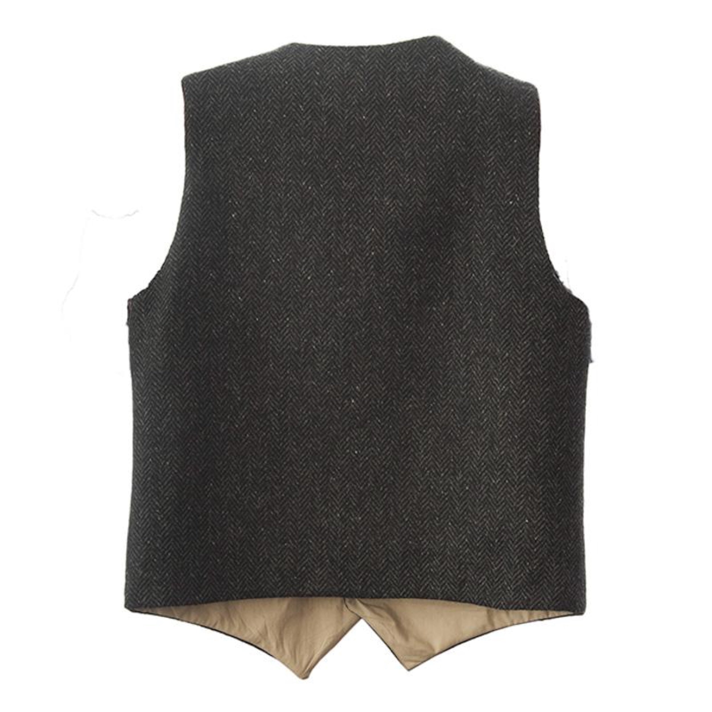 The back of the Carrier Company Men's Wool Waistcoat in Charcoal Herringbone