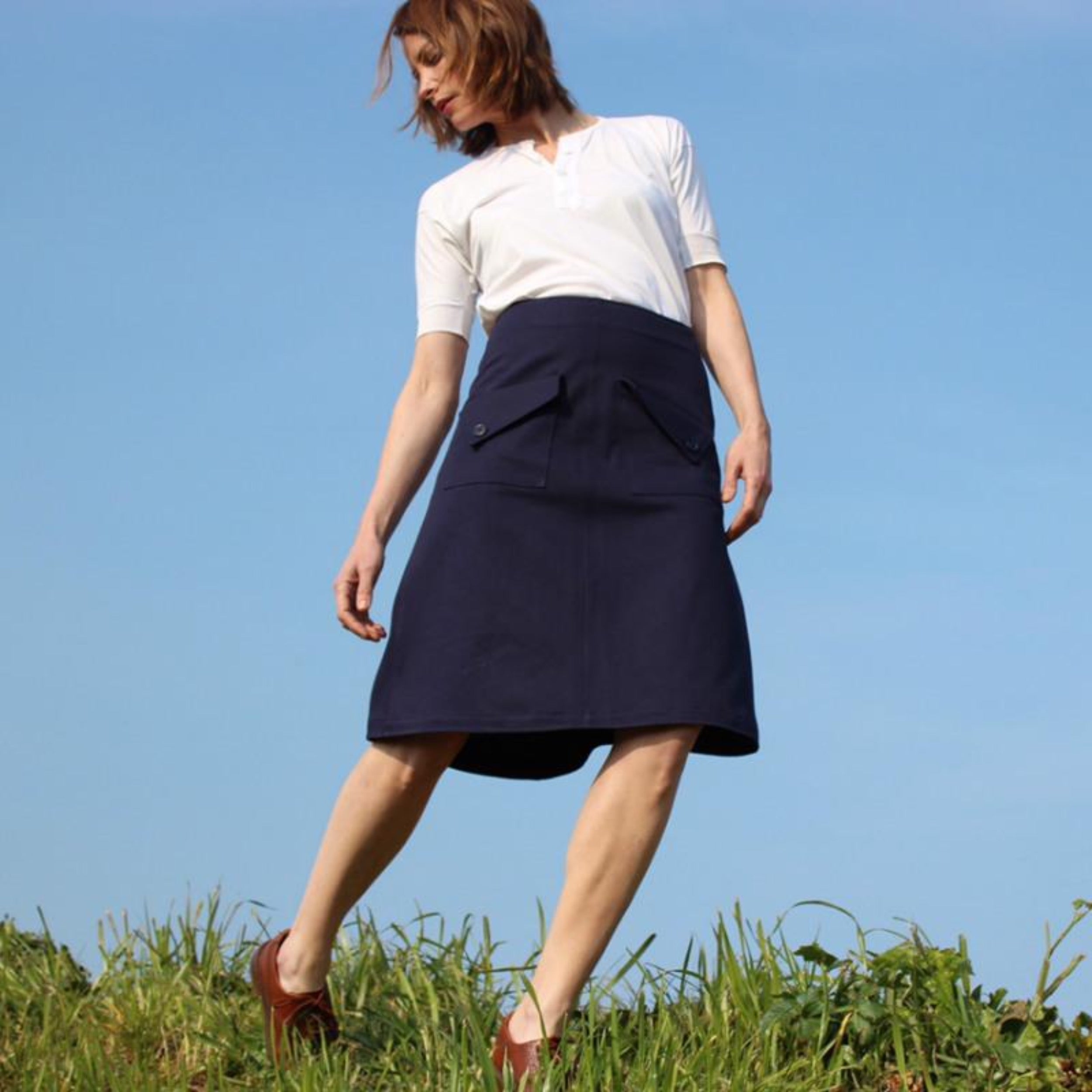 Woman wearing Carrier Company Mum Skirt in Navy